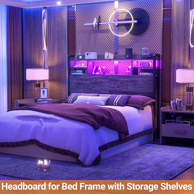 Aheaplus Headboard for Full Size Bed with Storage, Headboards with LED Light, Power Outlets, USB Ports Full Size Head Board, Wood headboard Only Sturdy and Stable Headboards, Modern, Black Oak