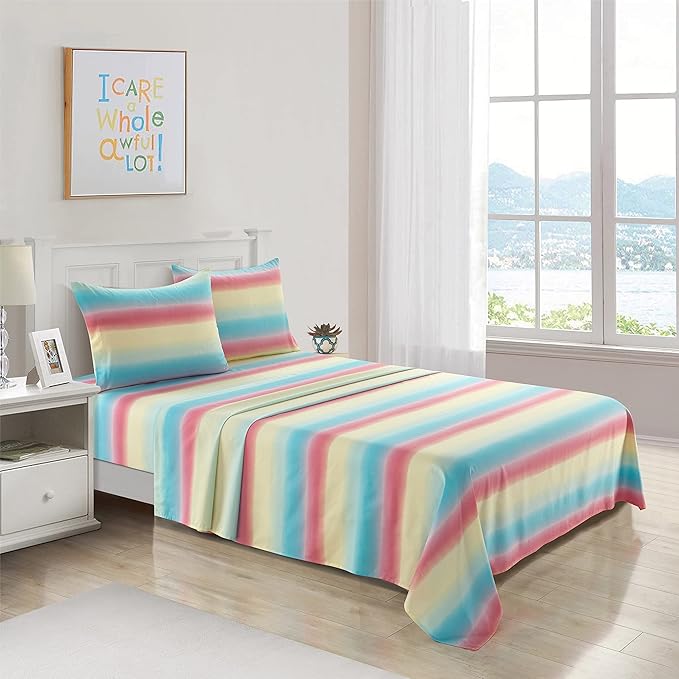 Heritage Kids 3-Piece Twin Sheet Set,Rainbow Ombre Print,Includes Fitted Sheet, Flat Sheet & Pillowcase, Soft Microfiber Bedding for Kids,Multicolor