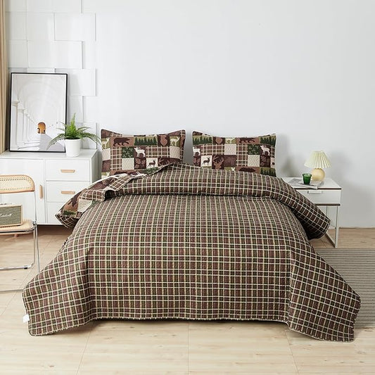 Ycosy Lodge Plaid Quilt Set Moose Bear Bedding King Size Rustic Bedspread Cabin Coverlet Wildlife Forest Quilts Comforter Summer Lightweight Bed Cover with 2 Pillow Shams