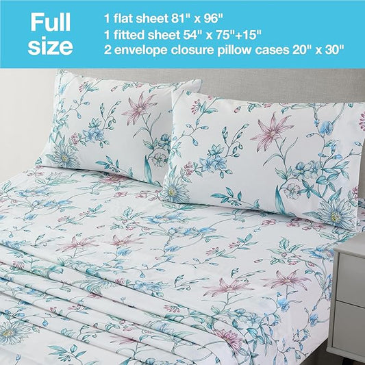 JSD White Blue Floral Printed Sheet Set Full Size, 4 Piece Botanical Microfiber Sheets Extra Deep Pocket