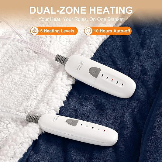 Electric Blanket Queen Size Heated Blanket 90''X84'' - Fleece Heating Blankets Washable with 5 Heating Level & 10 Hour Auto Off Dual Zone Control Heated Blankets for Winter, Great Gift Ideas