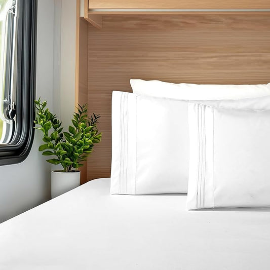 Elegant Comfort Luxurious 1500 Premium Hotel Quality Microfiber Three Line Embroidered Softest 4-Piece Bed Sheet Set, Wrinkle and Fade Resistant, RV Short Queen, White