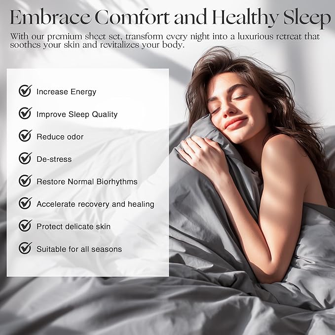 Silver Infused Bed Sheets Set, Temperature-Regulating Fabric with Self-Cleaning Technology for 3X Freshness Sleep (Grey, Queen)