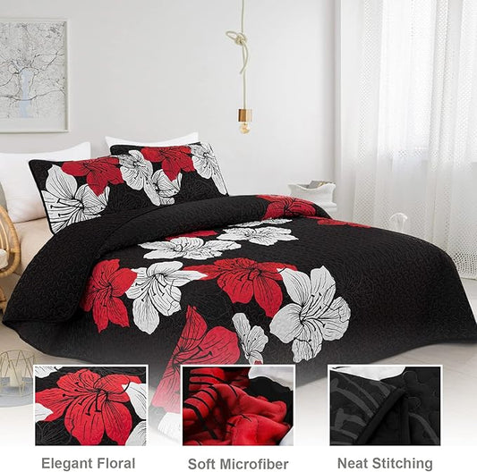 DJY 3 Pieces Quilt Set Queen Red Floral Pattern Quilt Coverlet Set Elegant Boho Bedspread with 2 Pillow Shams Lightweight Microfiber Bedding Quilt Set for All Season (Black, 90"x96")