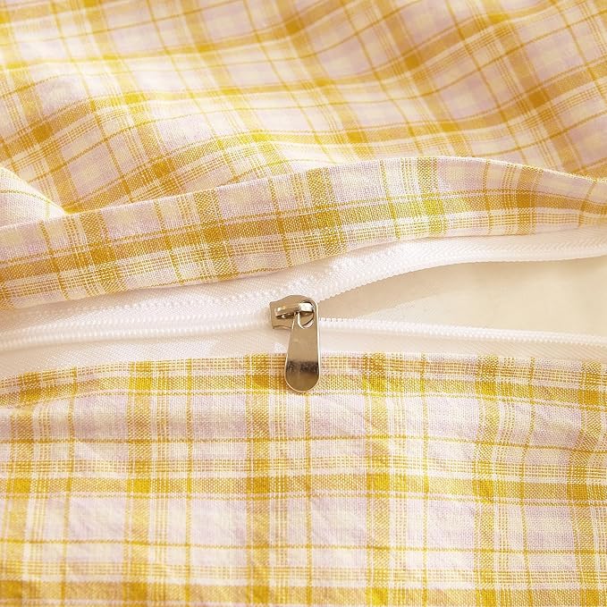 EAVD Yellow Gingham Duvet Cover Full Size Washed Cotton Bedding Set 3 Pieces Grid Plaid Duvet Cover Set Modern Grid Checkered Bedding Set with 2 Pillowcases Farmhouse Gingham Comforter Cover