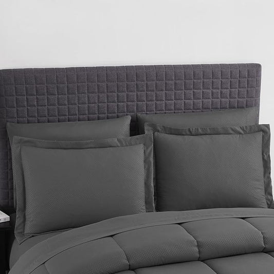 King Size Comforter Set 8 Piece Bed in a Bag with Bed Skirt, Fitted Sheet, Flat Sheet, 2 Pillowcases, 2 Pillow Shams, King, Checkered Gray