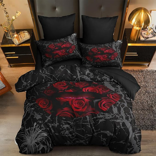 Gothic Black Rose Bedding Set Full Size, Red Sexy Lip Comforter Set for Girls Women, 3 Pieces Soft Fluffy Microfiber with 2 Pillowcases, 79"x90"