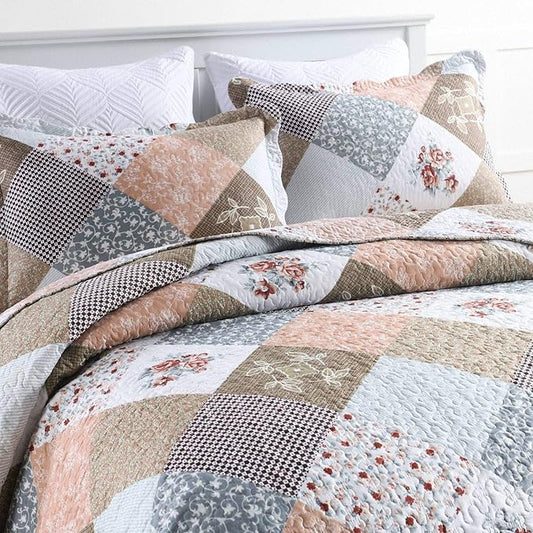 HoneiLife Quilt Set Twin Size - 2 Piece Microfiber Quilts Reversible Bedspreads Patchwork Coverlets Floral Bedding Set All Season Quilts with Geometric and Little Rose Print Pattern๏ผCoffee