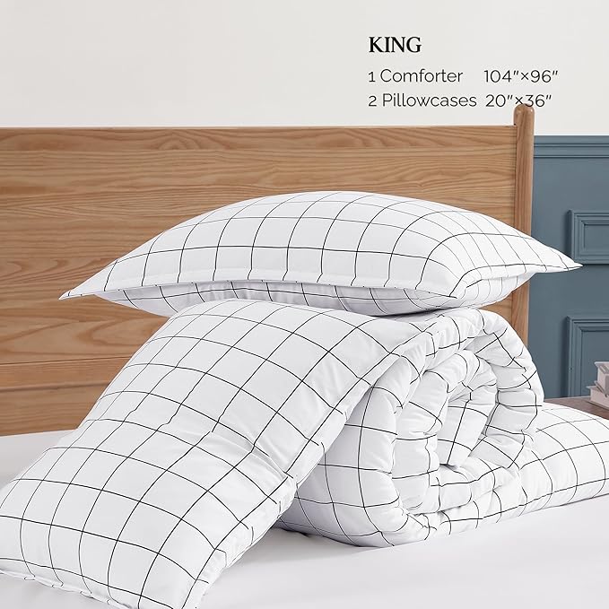 Andency White Grid Comforter Set King Size (104x90 Inch), 3 Pieces(1 Grid Comforter and 2 Pillowcases), Summer Lightweight Microfiber Down Alternative White Comforter with Black Lines