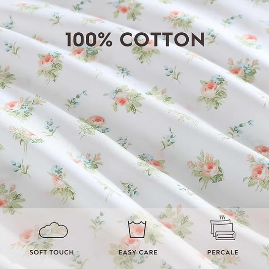 Laura Ashley - Standard Pillowcase Set, Breathable Percale Cotton Bedding, Floral Home Decor (Roseford Orange, 2 Piece)