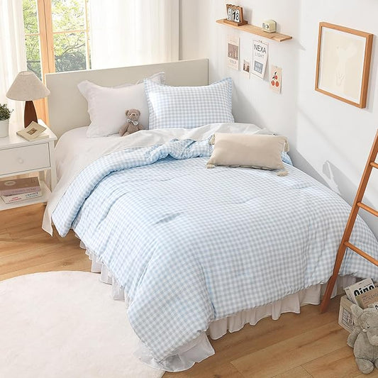 Andency Light Blue Gingham Comforter Set Queen(90x90Inch), Checkered Grid Plaid Buffalo Bed Set for Girls Boys Kids Teens, 3 Pieces Lightweight Polyester Geometric Preppy Bedding
