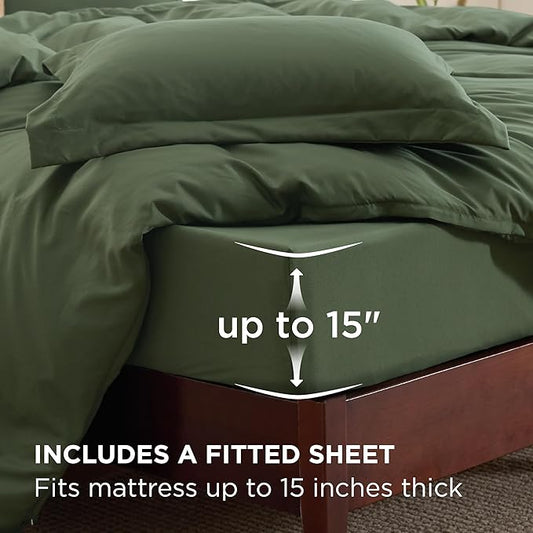 Bedsure Duvet Cover with Fitted Sheet King - 6 Pieces, Deep Pocket, Hotel Luxury Soft Double Brushed Bedding Set, 1 Duvet Cover, 1 Fitted Sheet, 2 Pillow Shams, 2 Pillowcases, NO Comforter, Green