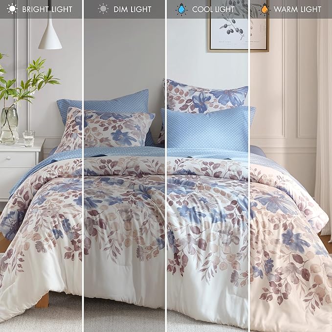Madison Park Essentials Queen Comforter Set with Sheets, Floral Bed in A Bag Microfiber Comforter for Queen-Size Bed, Shabby Chic Queen Bedding Set Diamond Printed Sheet, Luna, Queen, Blue 7 Piece