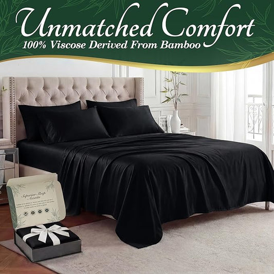 DECOLURE 100% Viscose Derived from Bamboo Sheets Full Size - Luxury 6 Pc Naturally Cooling Sheets, Ultra Soft Bed Set - Deep 17" Pockets, Durable Double Stitching, Oeko Tex Standard (Black)
