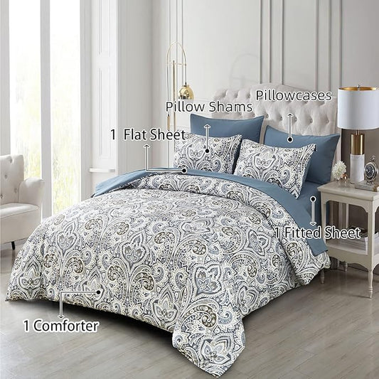 Drucon Blue Paisley Comforter Set King,7 Pieces Bed in a Bag Comforter Boho Paisley Pattern Bedding Set Soft Microfiber(1 Comforter,1 Flat Sheet, 1 Fitted Sheet,2 Pillowcases, 2 Pillow Shams)