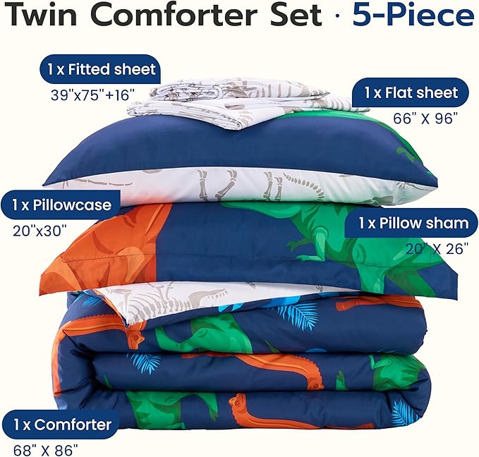 Joiedomi Kid Twin Comforter Set 5 Piece Dinosaur Bedding Set for Boys Girls Super Soft Microfiber Bed in a Bag with Comforter Sheets Pillowcase Sham