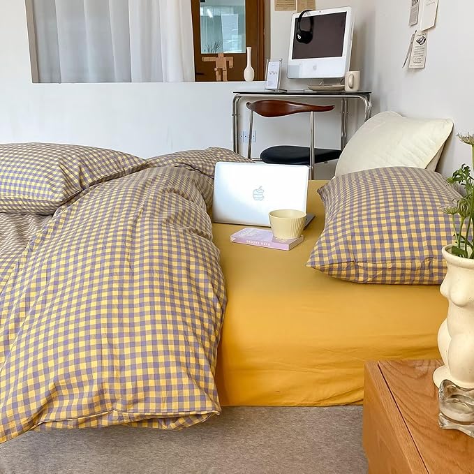 mixinni Yellow/Purple Gingham Comforter Set King, Plaid Comforter Set 3 Pieces 1 Vintage Grid Comfoter with 2 Pillow Cases for All Seasons, Soft Fluffy Modern Grid Pattern Printed Bedding-King Size