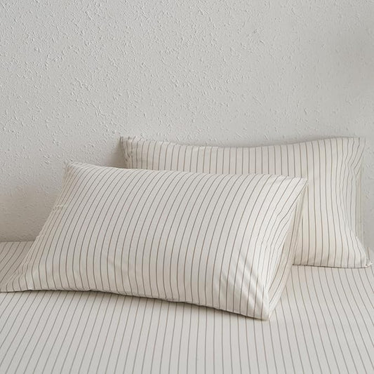 MooMee Bedding Pillowcases Striped Pack of 2 100% Washed Cotton Linen Like Textured Breathable Durable Soft Comfy (White Tannish Linen Grey Wide Stripes, Queen)
