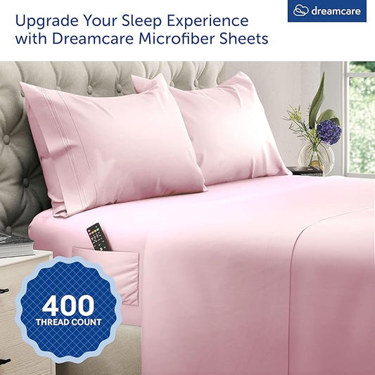 DREAMCARE Queen Size Sheets - Cooling Bed Sheets - 4pcs Set - up to 15" Deep Pocket Queen Sheet Set - Sheets Queen Size Bed - Soft & Long Lasting 100% Fine Brushed Polyester with Side Pocket, Pink