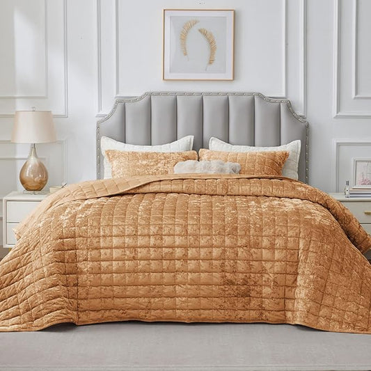 BEDELITE Velvet Quilt Set King Size - Luxury Velvet Comforter Bedding Set 3 Pieces, Lightweight Soft Cozy Shiny Rusty Burnt Orange Oversized Bedspread Coverlet for All Seasons with 2 Pillow Shams