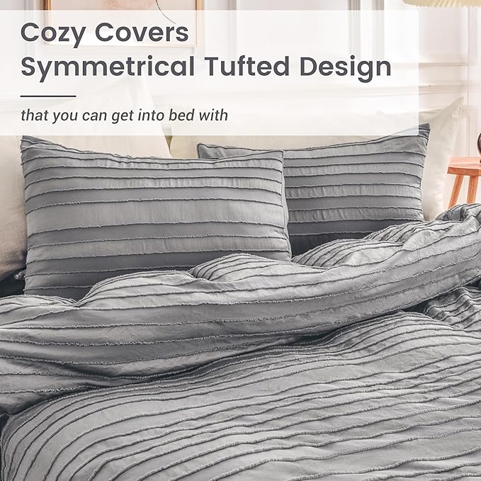 NEXHOME PRO Duvet Cover,Grey 3 Pieces Boho Tufted Duvet Cover Set, Soft and Lightweight 100% Washed Microfiber Comforter Cover Set for All Season(Grey Cal King, 104 x 98)-No Comforter