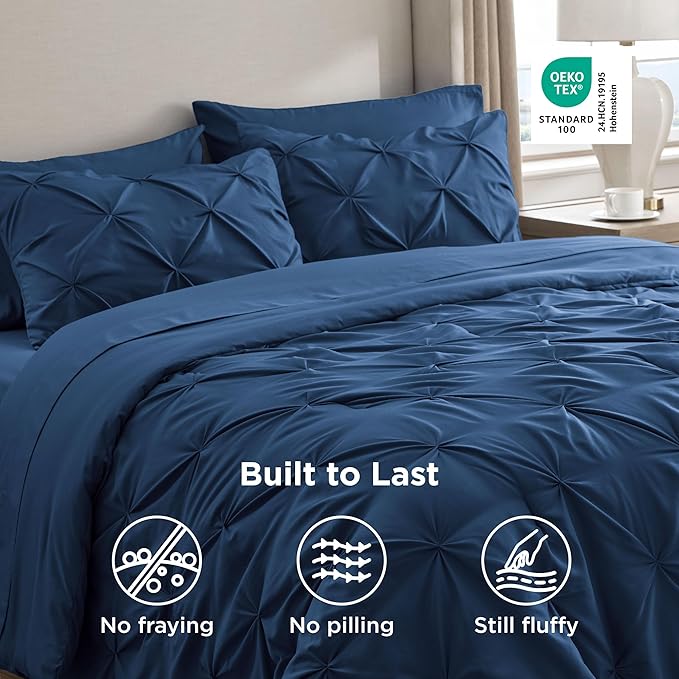 Bedsure Twin XL Comforter Set - Extra Long 5 Pieces Dorm Bedding Sets, GentleSoft™ Pinch Pleat Navy Blue Bed in a Bag with Pintuck Comforter, Sheets, Pillowcase & Sham
