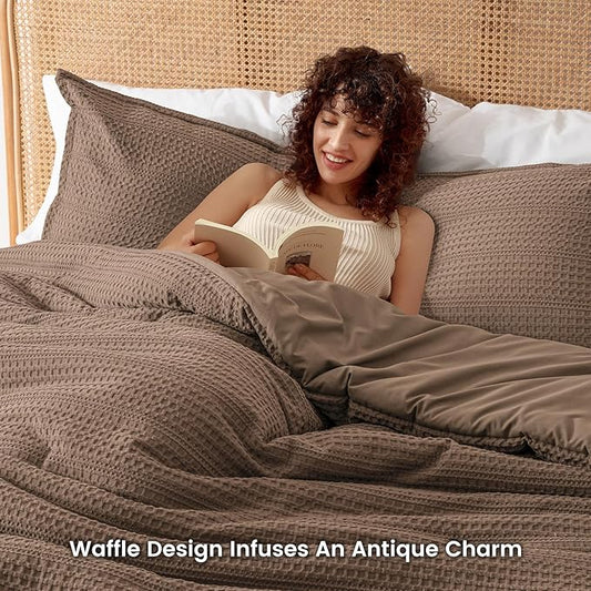 PHF Soft Waffle Comforter Set Twin Size- Comfy Breathable Waffle Weave Comforter with 1 Pillow Shams, 2 Pieces Less Snagging Lightweight Textured Bedding Set for All Season, Cocoa Brown