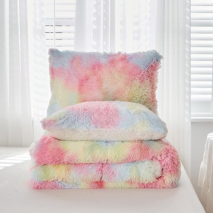 Luxury Faux Fur Shaggy Comforter Set Twin Size, Plush & Sherpa Reversible Comforter Tie Dye Rainbow, 3 Pieces Fluffy Fuzzy Bedding Set Ultra Soft and Warm for Winter (1 Comforter + 2 Pillowcases)