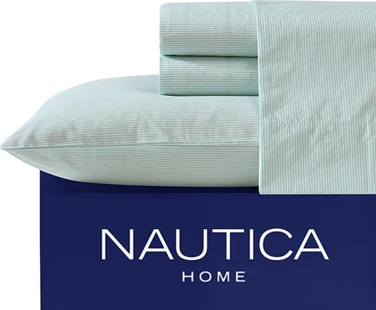 Nautica - Twin Size Sheet Set, Crisp & Tailored Cooling Sheets with a Smooth Cotton Percale Lightweight Feel - Bed Sheets with Matching Pillowcase & Fitted Sheet (Penny Pinstripe Green)