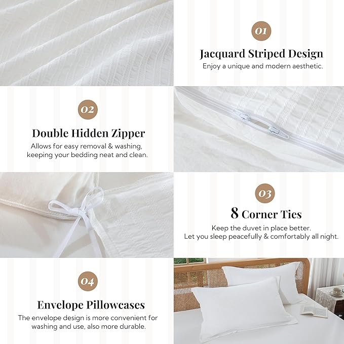 MILDLY White Boho Duvet Cover Set - 100% Washed Cotton Jacquard Stripe Textured Comforter Cover with Zipper Closure 104"x90"