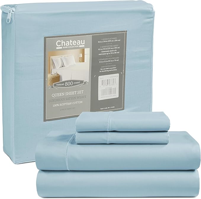 100% Egyptian Cotton Bed Sheets Full Size Bed Set, 800TC Sateen Weave 15" Deep Pocket Full Sheet Set, Soft Breathable Cool Sateen Weave 4PC Egyptian Cotton Sheets, No Pill & Shrink - Light Blue