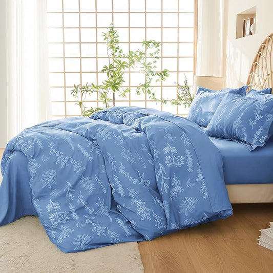 MUXHOMO Duvet Cover Queen Size, Reversible Floral Ice Blue Duvet Cover Set with Zipper Closure, 3 Pieces Botanical Patterns Soft Microfiber Bedding Set with 4 Ties (90"x90", 2 Pillow Cases)