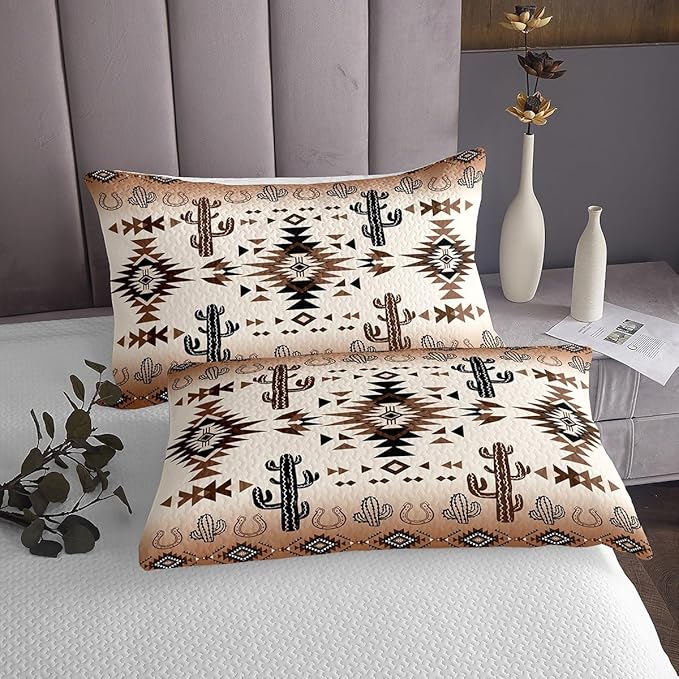 Manfei Geometric Aztec Kids Bedspread King Size,Horseshoe Cactus Rustic Cottage Coverlet Set,Boys Girls Room Decor,Southwest Western Cowboy Tribal Quilted Coverlet,Retro Bedding Quilt,2 Pillowcases