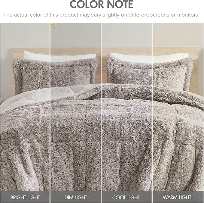 Intelligent Design Malea Shaggy Comforter Set, Long Faux Fur Cozy Down Alternative, Modern Casual Ultra Soft All Season Fluffy Bedding with Matching Sham, King/Cal King, Grey 3 Piece
