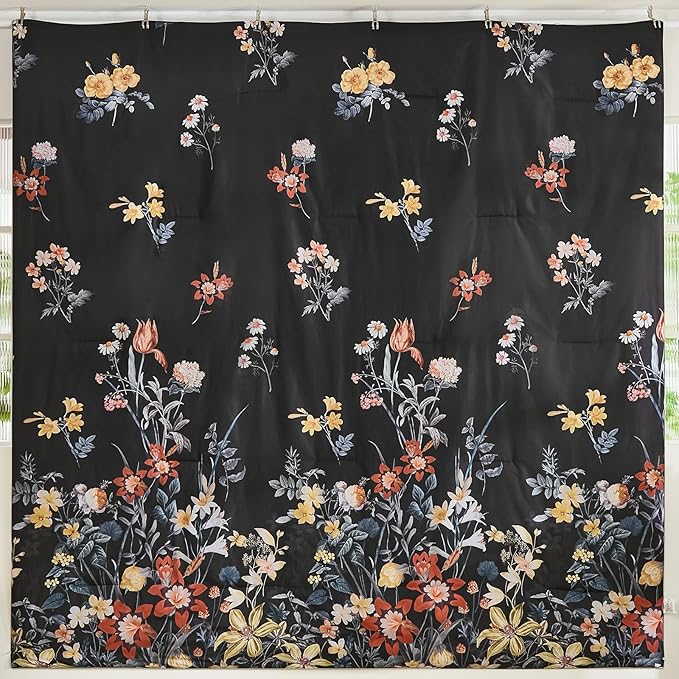 WONGS BEDDING Queen Comforter Set 7 Piece, Black Floral Bed in a Bag Bedding Set with Botanical Flowers Patterns, Soft Lightweight Complete Comforters with Sheets for All Season