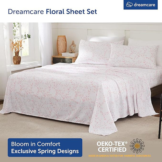 DREAMCARE King Size Sheets - Floral Sheets Bed Set - 4pcs King Sheet - Cooling Bed Sheets - King Size Sheet Sets - Soft & Long Lasting - Floral Blossom