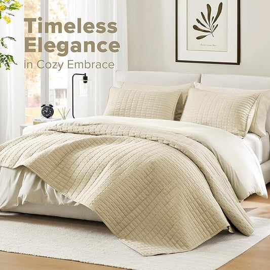 Comfort Spaces Ivory Oversized King Quilt Set 120"x118" Bedspread Quilted Summer Lightweight Microfiber Bedding Coverlet with Double Sided Stitching Soft All Season Cozy 3 Piece with Matching Shams