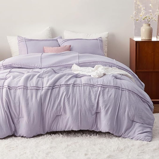 Bedsure Queen Comforter Set with Sheet - 4 Pieces Soft Lavender Purple Bedding, Grid Pinch Pleat, All Season Lightweight Fluffy Bed Set with Solid Boho Comforter, Pillowcases & Sheet