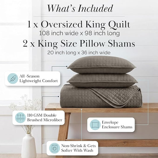 Southshore Fine Living, Inc. Oversized Quilt, King Size Bedding Set, Soft Microfiber, Easy Care Stain and Pet Hair Resistant Bedding, California/King Size Quilt Bedspread Set w/2 Shams, Dark Taupe