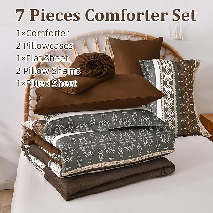 WONGS BEDDING Boho Comforter Set Queen, 7 Pieces Brown Comforter Bedding Set,Bohemian Paisley Floral Bed in a Bag,Soft Microfiber Striped Comforter Bedding Sets for All Season