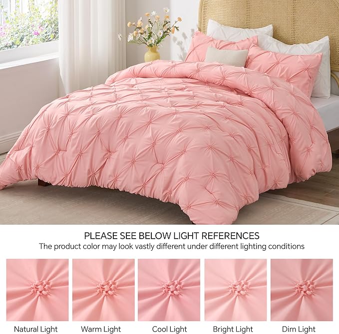 BEDELITE Pink King Size Comforter Set - 3 Pieces Boho Pintuck Bedding Comforter Sets, Lightweight Soft & Warm King Bedding Set with 2 Pillowcases for All Season