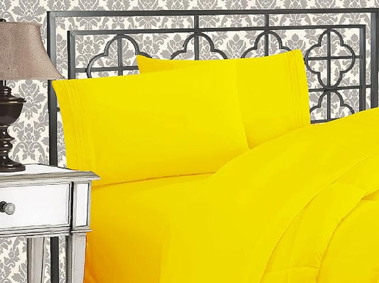 Elegant Comfort Luxurious 1500 Premium Hotel Quality Microfiber Three Line Embroidered Softest 4-Piece Bed Sheet Set, Wrinkle and Fade Resistant, Twin/Twin XL, Yellow