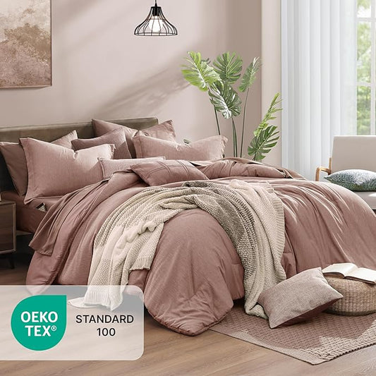 Monbix King Size Comforter Set,7 Pieces Dusty Pink Cationic Dyeing Bed in a Bag King with Comforter, Sheets, Pillowcases & Shams, All Season Reversible Bedding Comforters