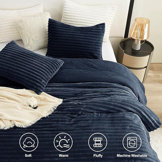 CozyLux Fluffy Queen Comforter Set - Super Soft Faux Fur Navy Blue Comforter Queen Size, Winter Warm Fleece Bedding Set, 3 Pieces Plush Fuzzy Bed Set (1 Shaggy Comforter, 2 Pillowcases)