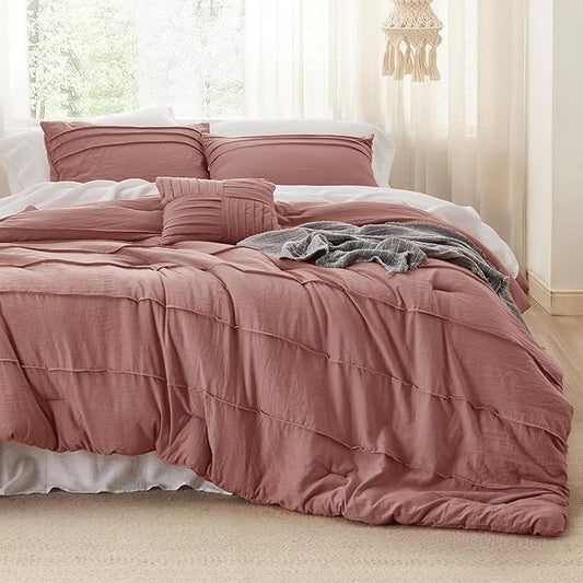 Bedsure Twin Comforter Set - 3 Pieces Pinch Pleat Bed Set, Dusty Pink Boho Bedding for All Season, 1 Soft Comforter, 1 Pillowcase, 1 Decorative Pillow