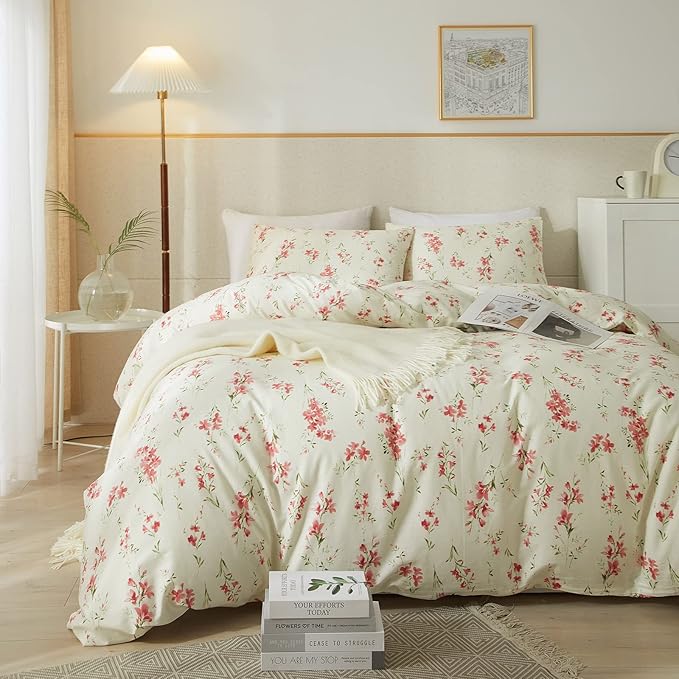 VM VOUGEMARKET Cream Comforter Set Queen Garden Flower Comforter with 2 Pillow Shams Girls Botanical Bedding Set Pink Floral Comforter Set 90x90 Inch