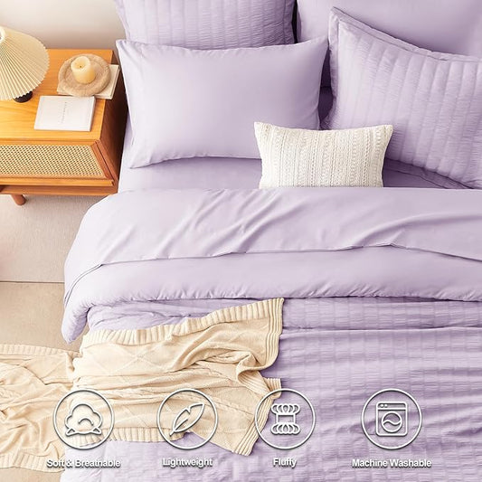 CozyLux King Size Comforter Set Light Purple Seersucker 7 Pieces Bed in a Bag King Comforter Set with Sheets, Lavender Luxury Bedding Sets with Down Alternative Comforter, Sheets, Pillowcases & Shams