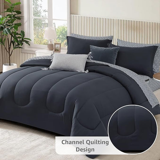 Monbix King Size Comforter Set - 7 Pieces Bed in a Bag King, Blue Grey Track Stitching Bedding Sets with Comforter, All Seasons Comforter Bed Set with Sheets, Pillowcases & Shams