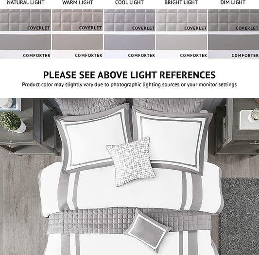 Madison Park Heritage Comforter Quilt Combo Set - Modern Luxury Design, All Season Down Alternative Bedding, Matching Shams, Decorative Pillows, Full/Queen(90"x90"), Color Block Grey 8 Piece