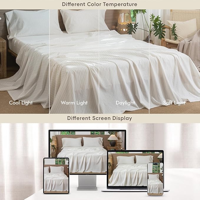 MooMee Striped Sheet Set 100% Washed Cotton Linen Like Textured Breathable Durable Soft Comfy (White Almond Milk Grey Wide Stripes, King)